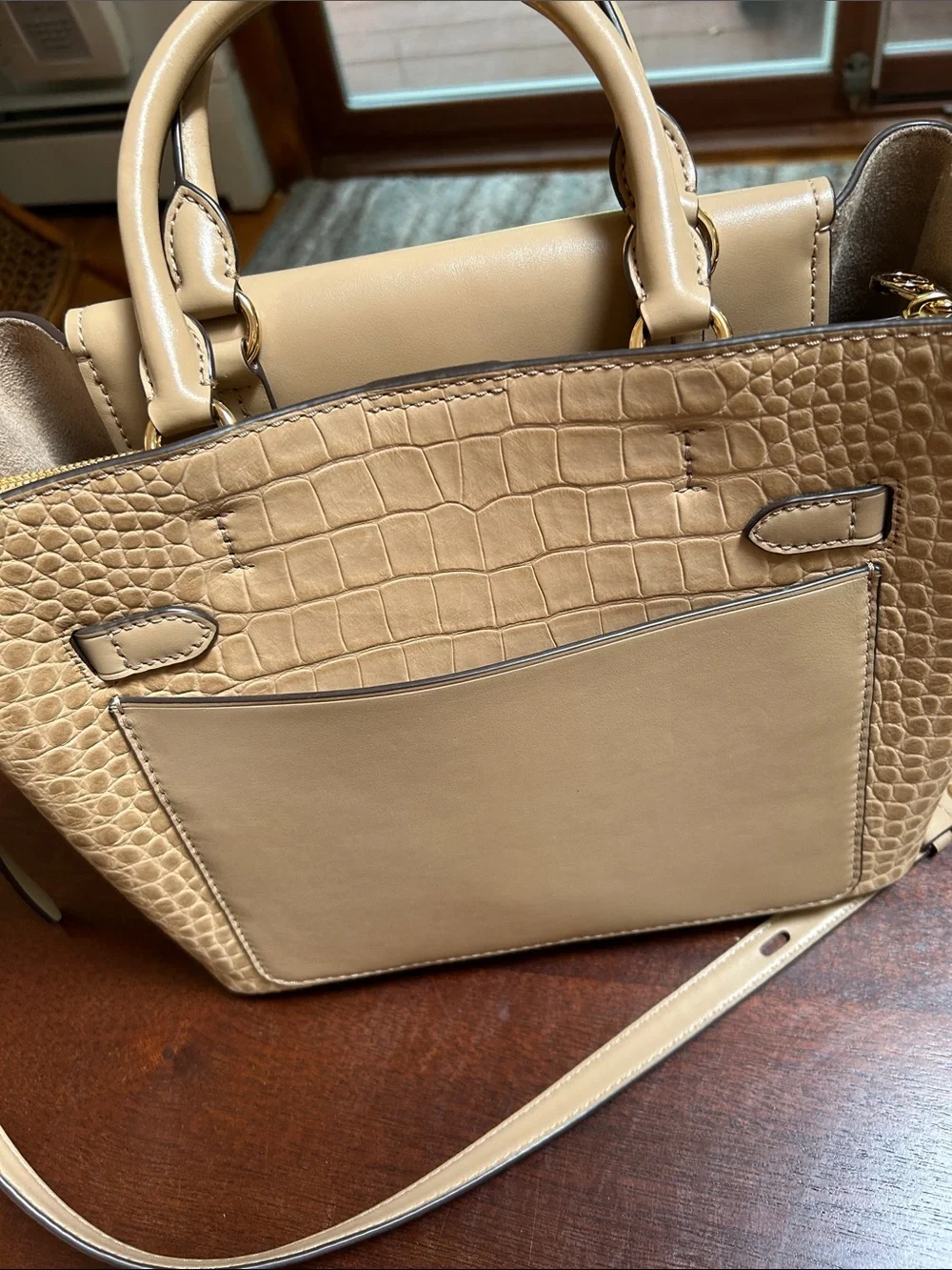 Michael Kors Taupe Croc-Embossed Satchel with Gold Chain